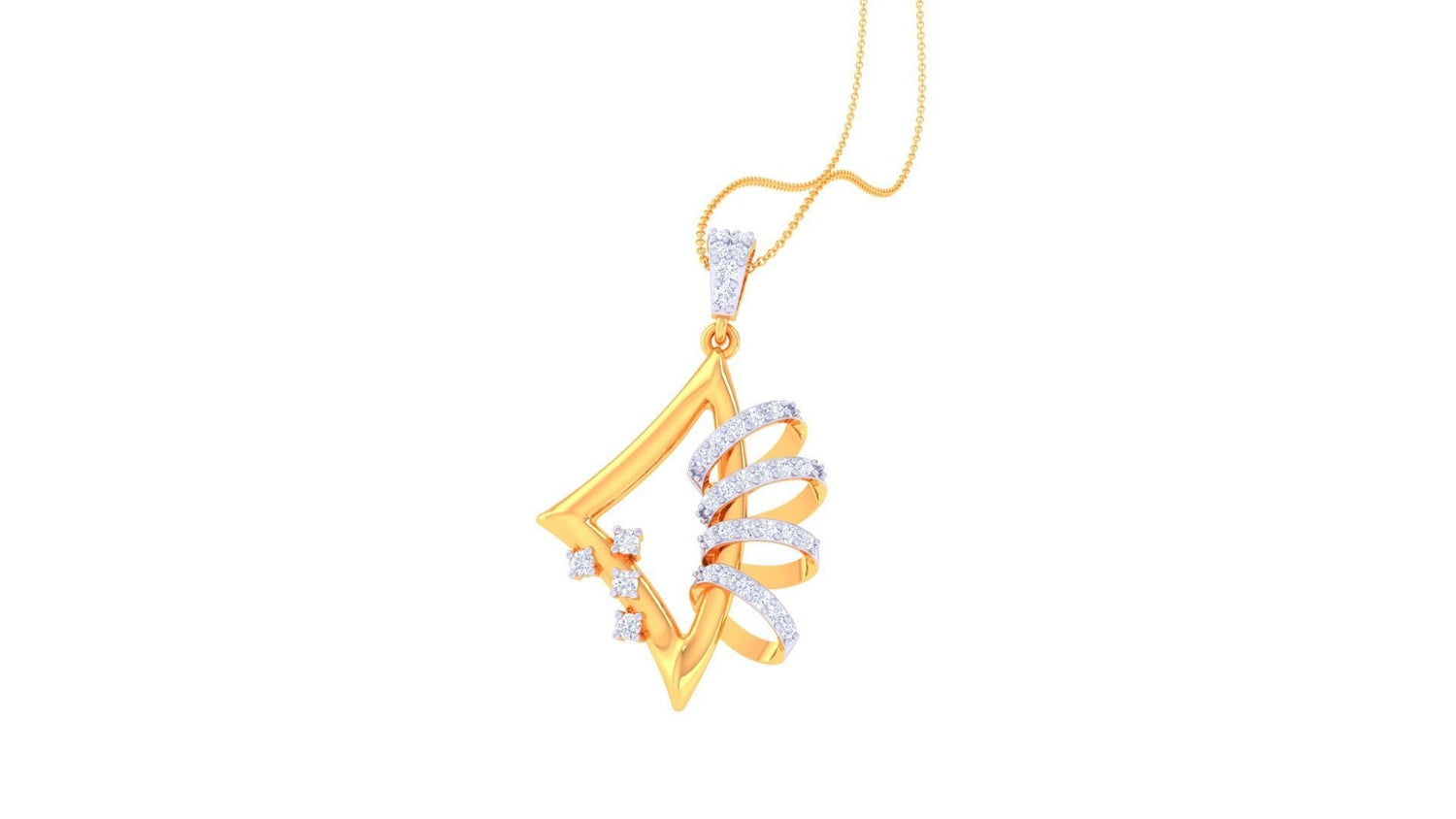 The Anika Diamond Pendant by Niraa showcases an abstract design with curves and spirals, adorned with sparkling gems. It elegantly hangs from a delicate gold chain, standing out brilliantly against a plain white background.