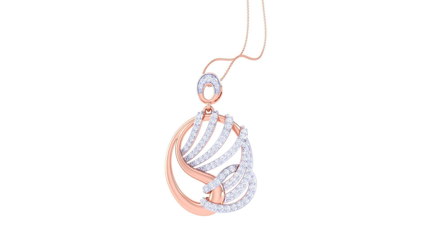 The Kairi Diamond Pendant by Niraa features a gold necklace with a pendant of gold and silver curves studded with small diamonds, blending style and elegance. Its swirling bands form a dynamic, flowing shape, but the product description seems incomplete.
