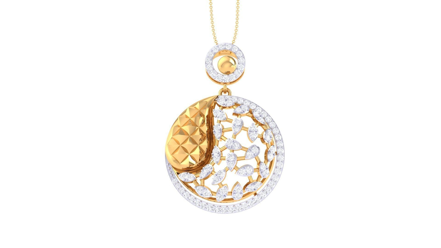 The Karsyn Diamond Pendant by Niraa features a mesmerizing circular design with intricate latticework. It combines textured gold with silver adorned with clear gems and is elegantly suspended from a delicate gold chain.