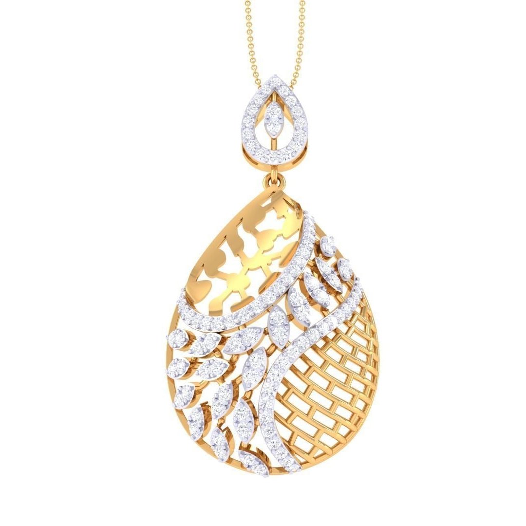 The Niraa Alanna Diamond Pendant features a shimmering teardrop shape with an exquisite lattice pattern, adorned with white gemstones. Its swirling lines are elegantly attached to a slender gold chain, perfect for adding sophistication.