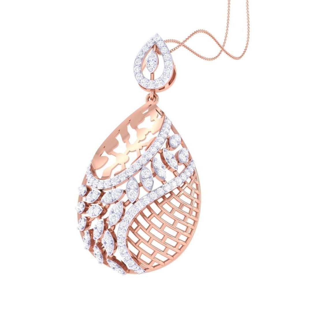 The Niraa Alanna Diamond Pendant features a shimmering teardrop shape with an exquisite lattice pattern, adorned with white gemstones. Its swirling lines are elegantly attached to a slender gold chain, perfect for adding sophistication.