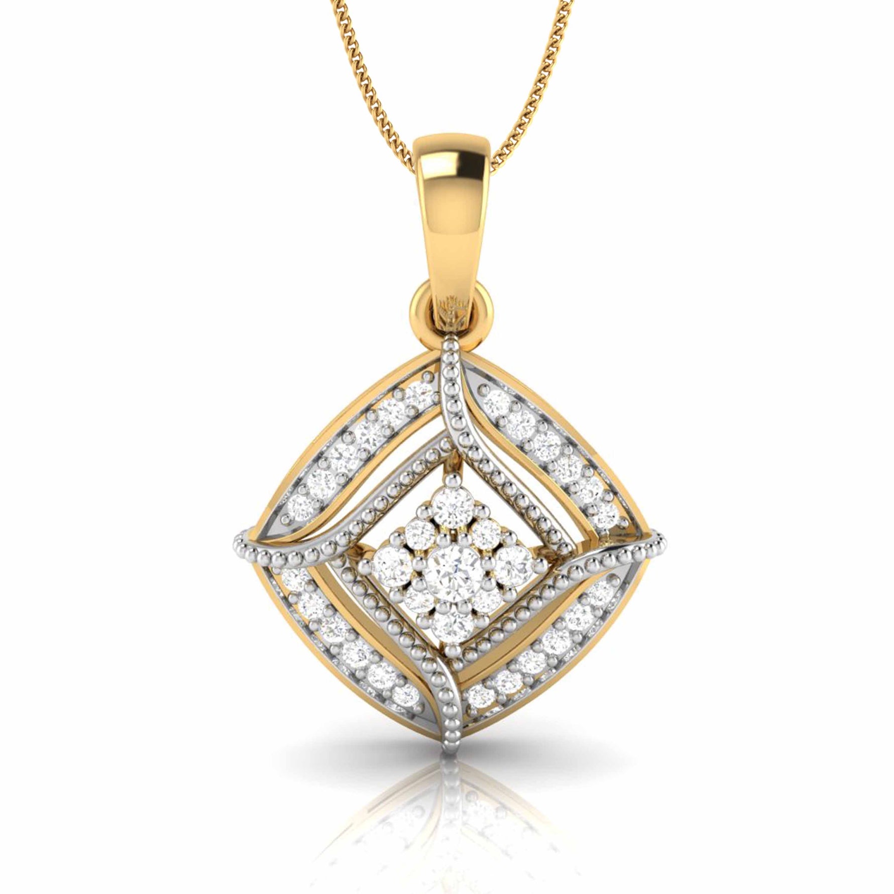 The Lucy Diamond Pendant Set by Niraa features a gold necklace with a diamond pendant, showcasing intricate geometric patterns. Multiple diamonds are set in a blend of gold and silver tones, forming a captivating layered square design.