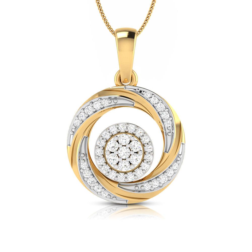 The Paisley Diamond Pendant Set by Niraa features an exquisite circular design with a gold and silver swirl pattern, encrusted with shimmering diamonds encircling a radiant cluster at its core, all elegantly suspended from a delicate gold chain.