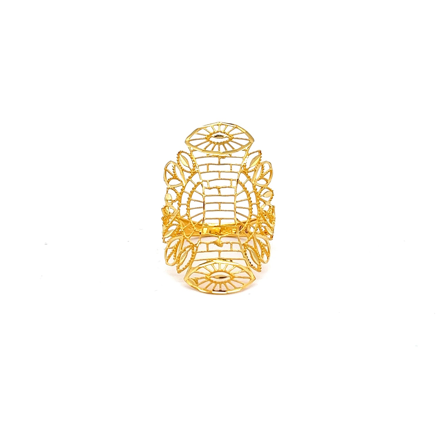 Introducing Niraas Cordelia Gold Ring: a luxurious gold accessory with intricate filigree and eye motifs, artfully intertwined with delicate lattice patterns, all set against a plain white backdrop.