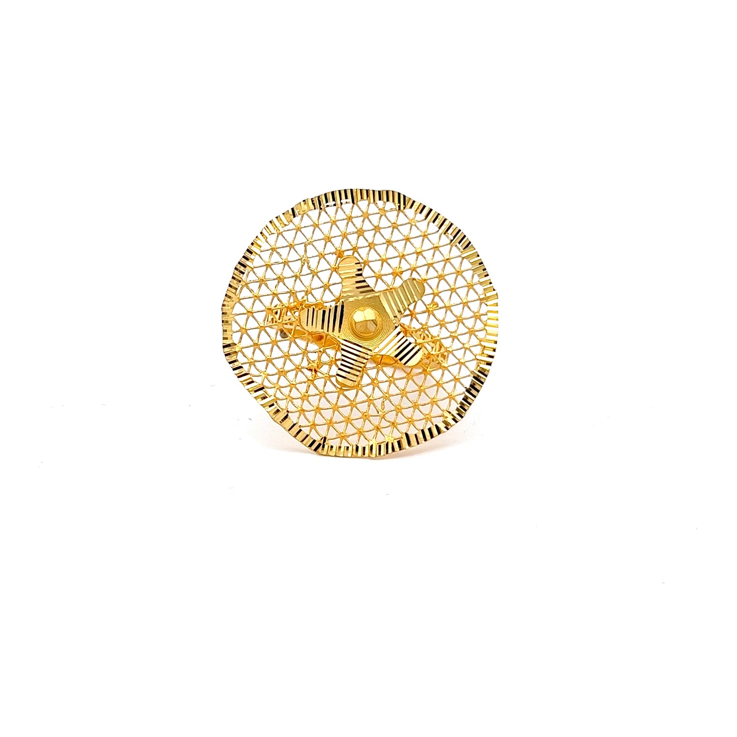 The Colette Gold Ring by Niraa features a luxurious round design with a central five-pointed star. Its intricate gold mesh creates a delicate and elegant appearance, making it an exquisite accessory against a plain white background.