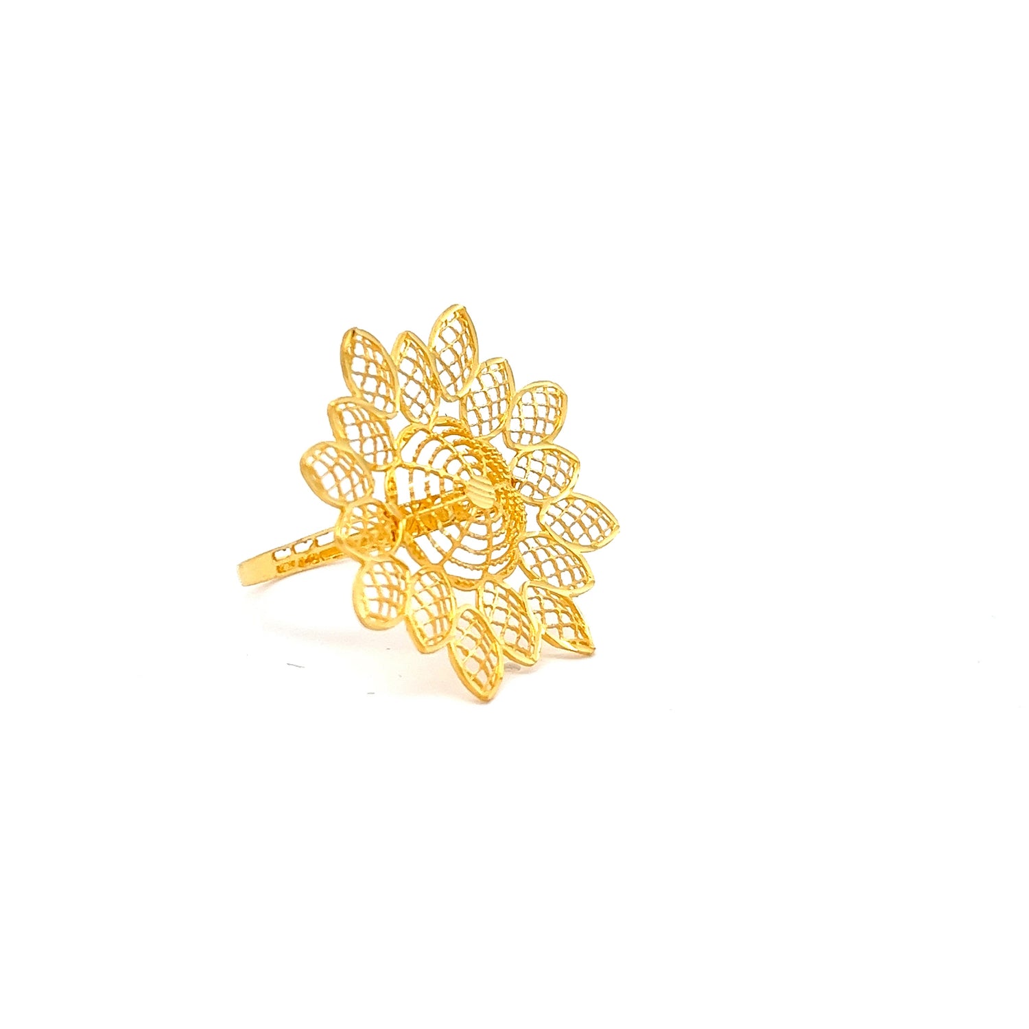 An exquisite luxury accessory, the gold filigree brooch showcases an intricate floral design with delicate openwork petals and a central woven pattern, all displayed on a plain white background. It mirrors the elegance of the Niraa Caroline Gold Ring.