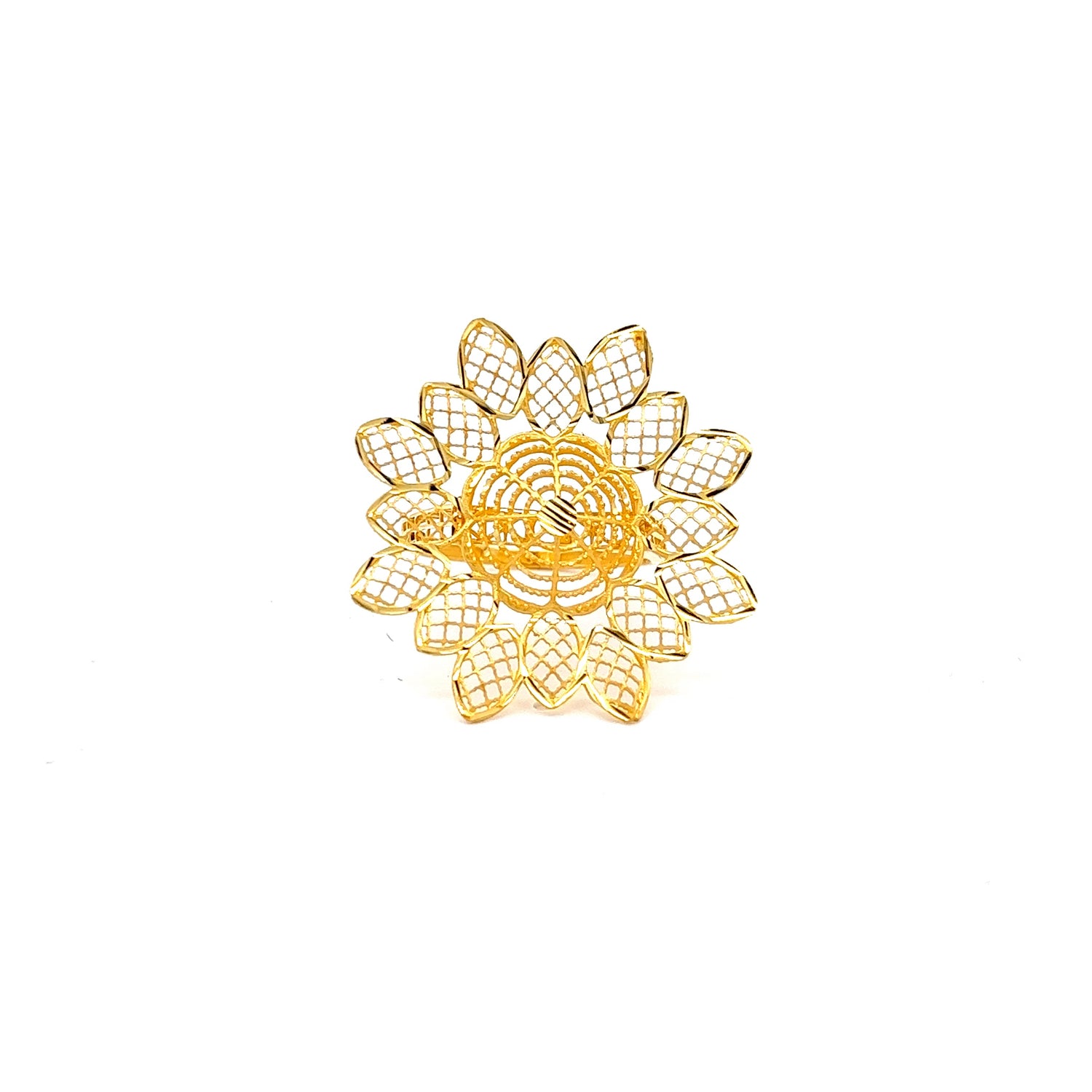 An exquisite luxury accessory, the gold filigree brooch showcases an intricate floral design with delicate openwork petals and a central woven pattern, all displayed on a plain white background. It mirrors the elegance of the Niraa Caroline Gold Ring.