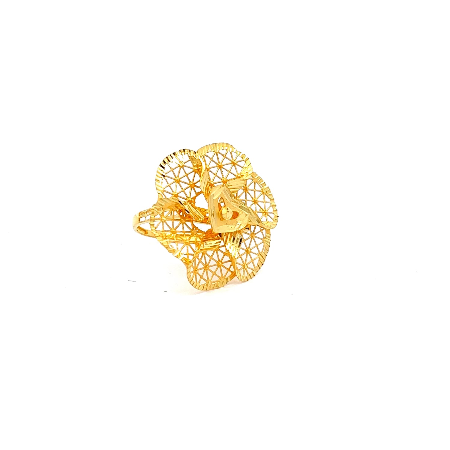 The Charlotte Gold Ring by Niraa is a delicate geometric flower crafted from gold-colored metal with triangular patterns and black line accents on each petal, embodying the elegance of a luxury accessory against a pristine white background.