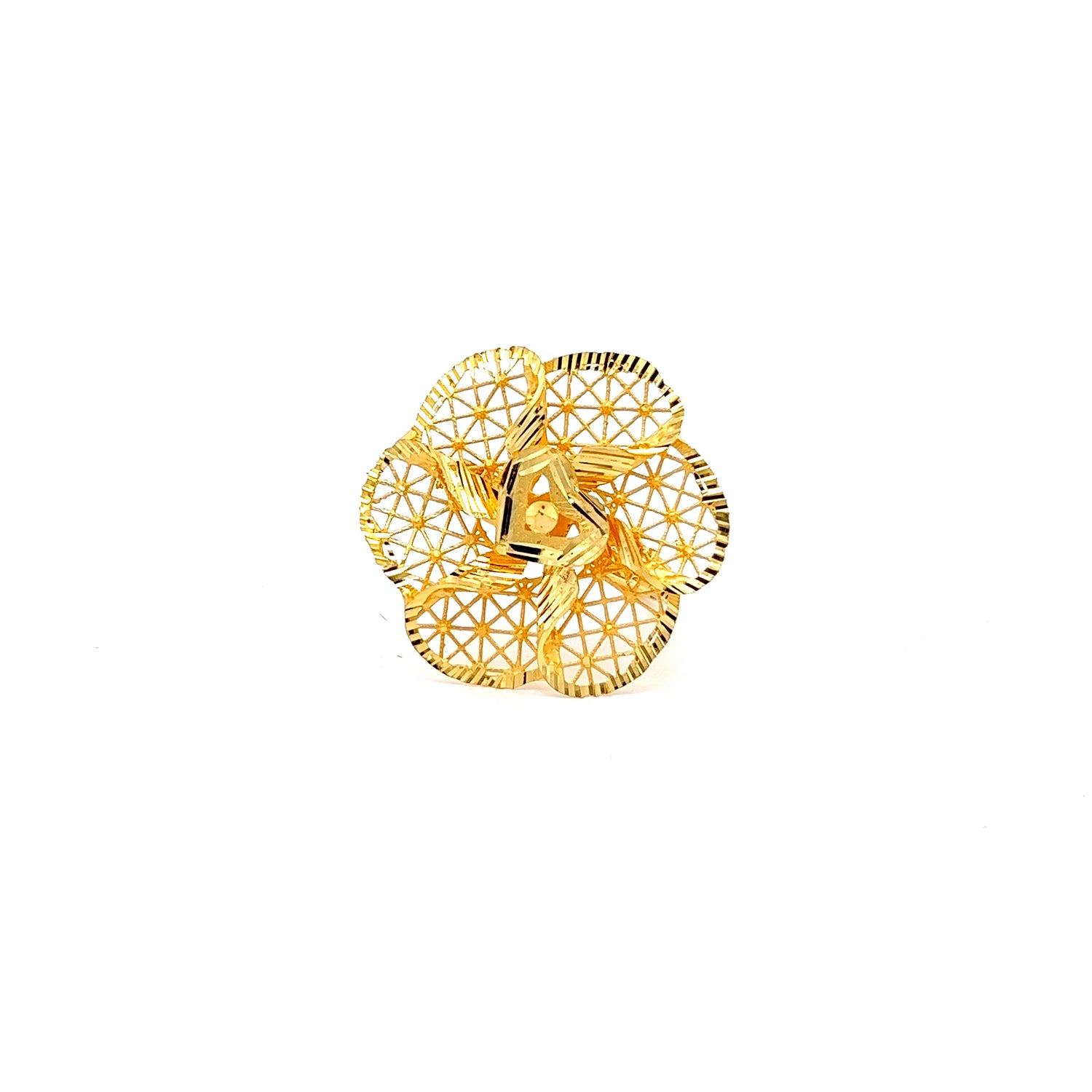 The Charlotte Gold Ring by Niraa is a delicate geometric flower crafted from gold-colored metal with triangular patterns and black line accents on each petal, embodying the elegance of a luxury accessory against a pristine white background.