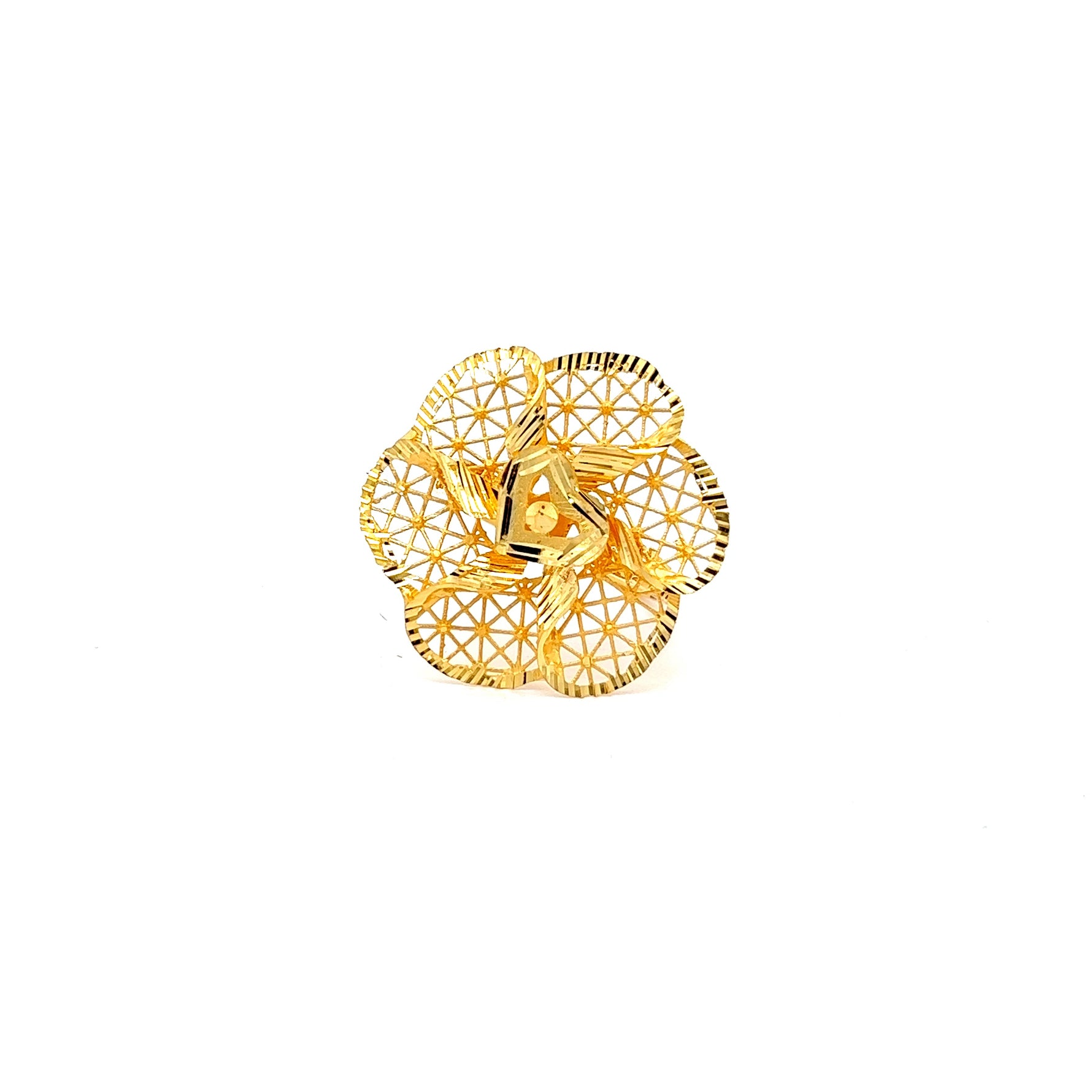 The Charlotte Gold Ring by Niraa is a delicate geometric flower crafted from gold-colored metal with triangular patterns and black line accents on each petal, embodying the elegance of a luxury accessory against a pristine white background.
