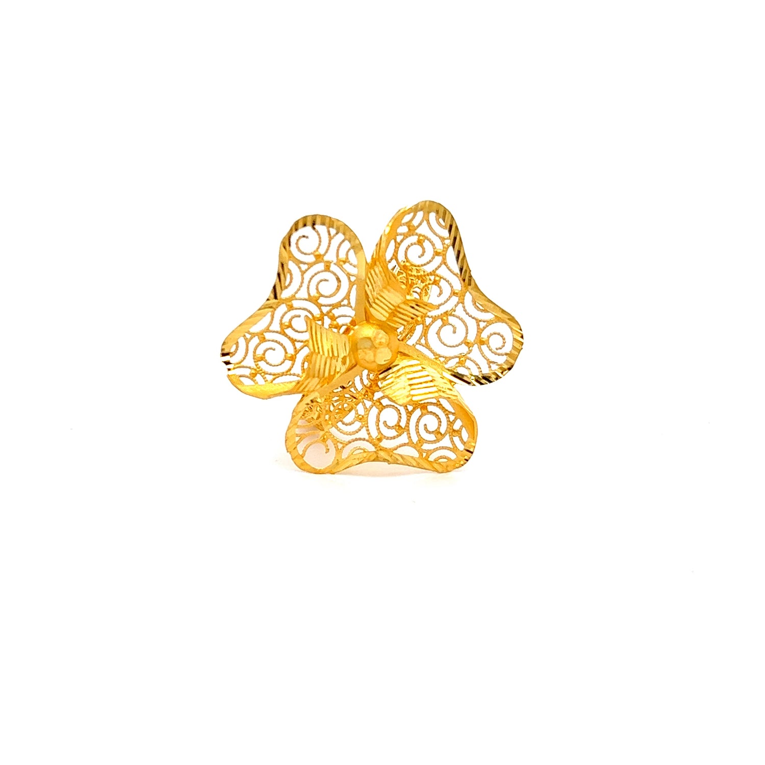 This luxurious gold plumeria flower brooch features intricate swirling cutout designs on each petal, reminiscent of the Niraa Alannah Gold Ring, and is set against a plain white background.