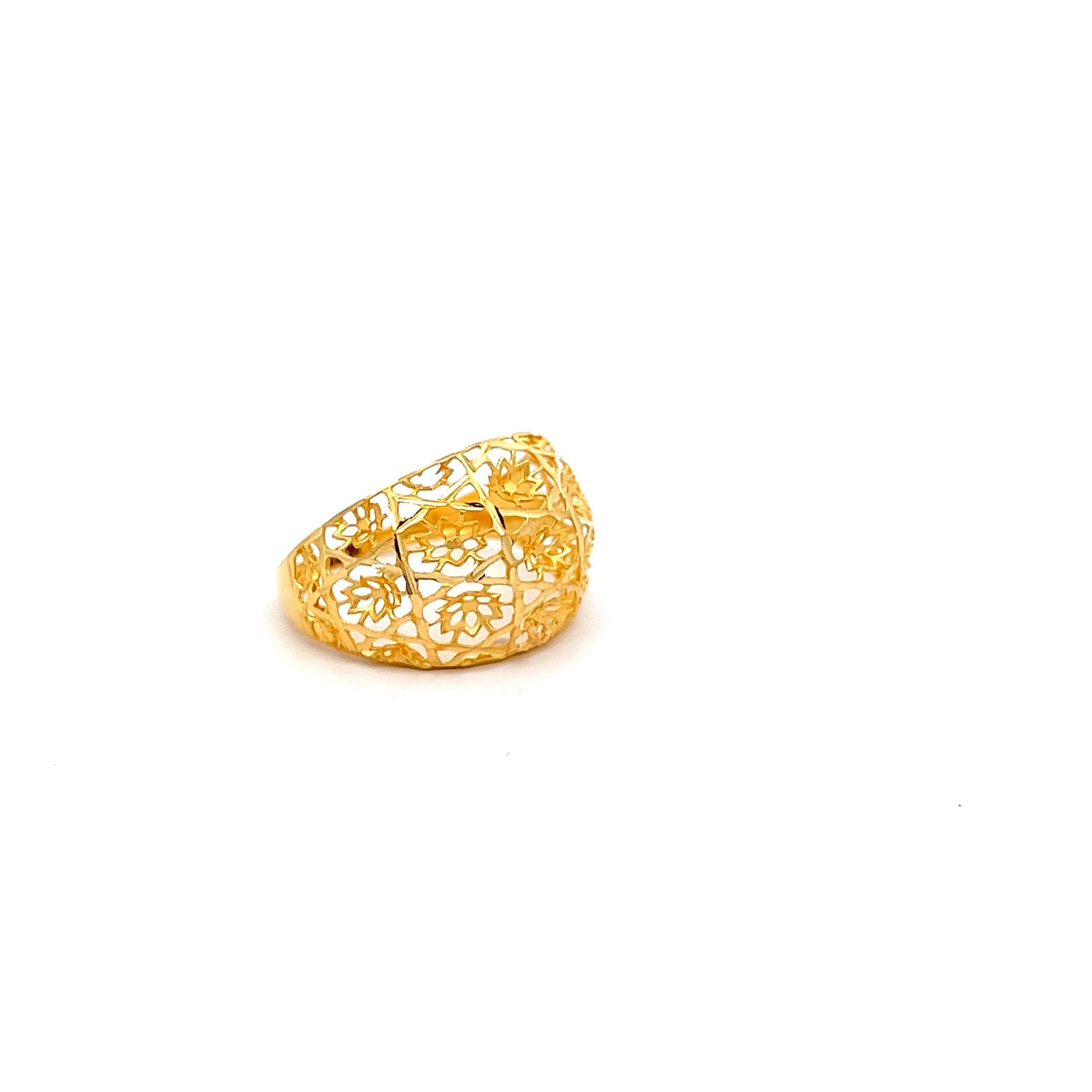 The Niraa Aramis Gold Ring is a luxurious accessory featuring an intricate floral cutout design on a white background, showcasing delicate and symmetrical flower motifs that highlight creative elegance and craftsmanship.