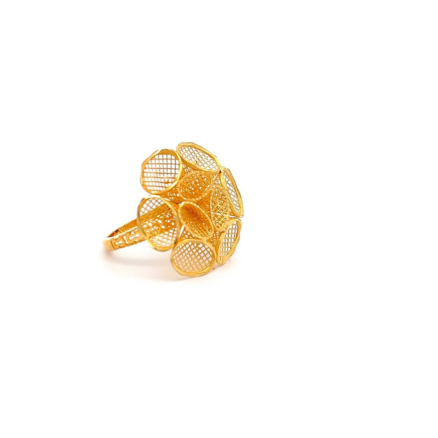 A luxurious 3D printed sculpture by Niraa features a geometric, golden lattice design on a white background. It resembles the Kiara Gold Ring, with a spherical shape formed by interconnected hexagonal patterns.