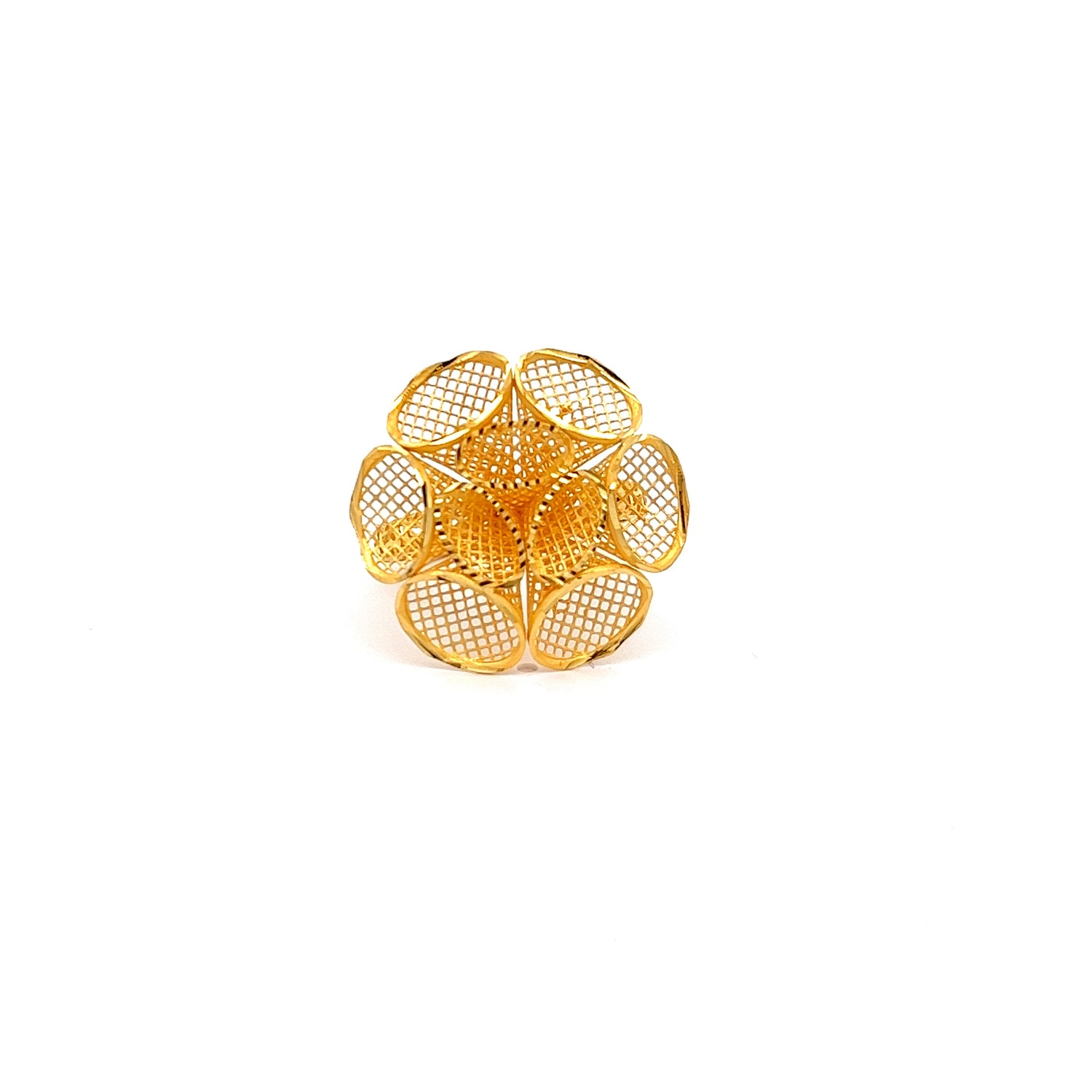 A luxurious 3D printed sculpture by Niraa features a geometric, golden lattice design on a white background. It resembles the Kiara Gold Ring, with a spherical shape formed by interconnected hexagonal patterns.