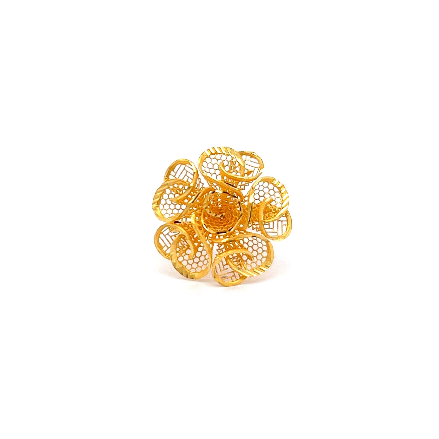 The Avery Gold Ring by Niraa features an exquisite filigree flower design with detailed swirling patterns, beautifully crafted and set against a plain white background to highlight its elegance.