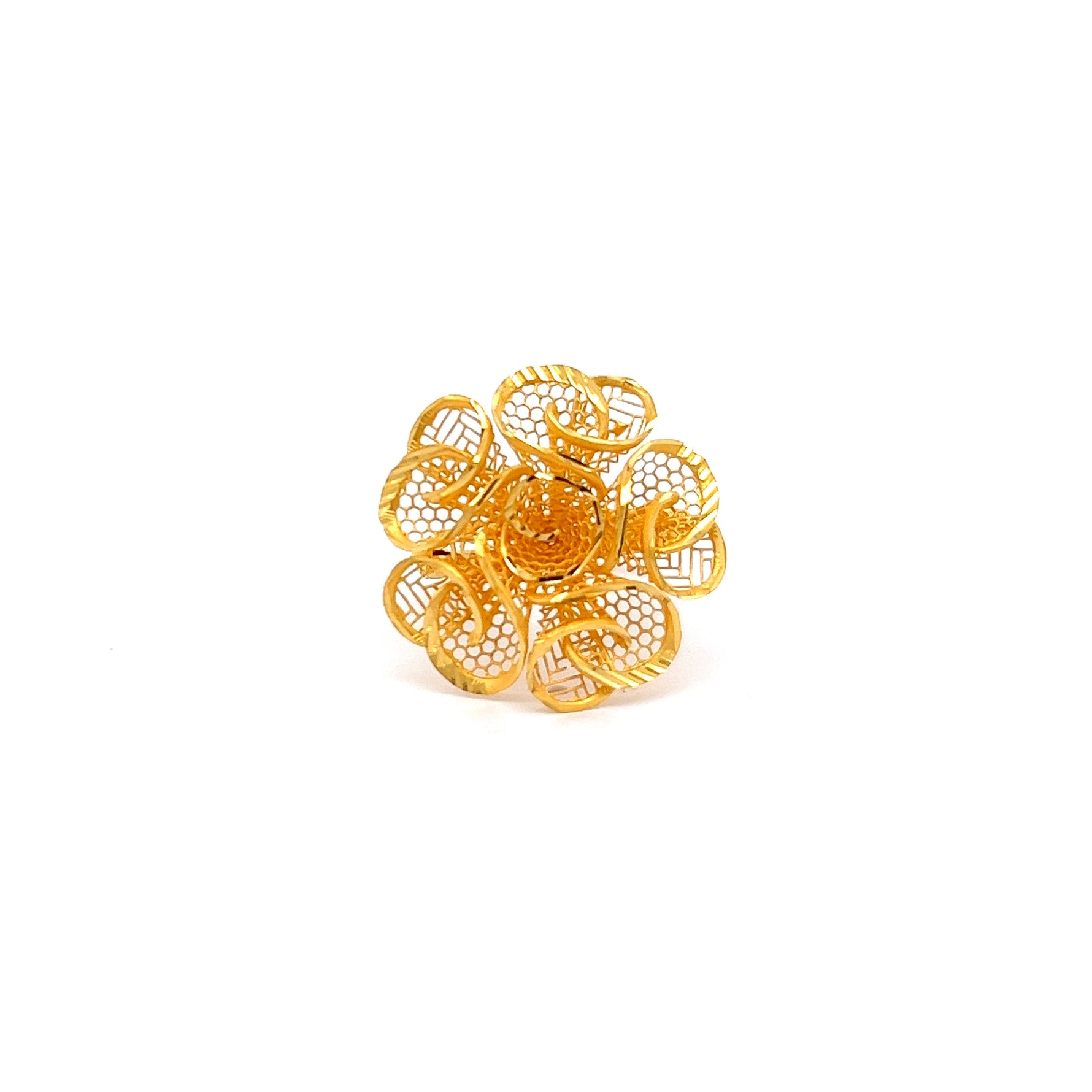 The Avery Gold Ring by Niraa features an exquisite filigree flower design with detailed swirling patterns, beautifully crafted and set against a plain white background to highlight its elegance.