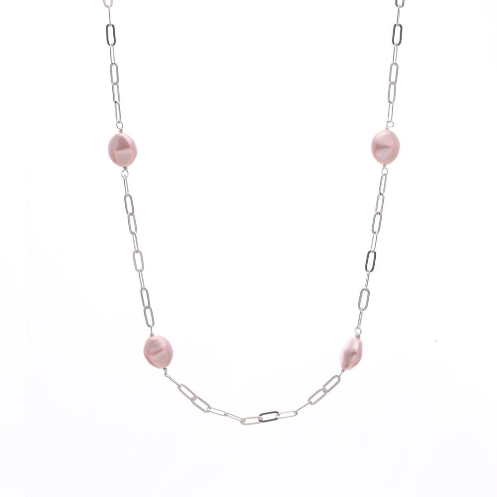 Rose Pink Pearls Link Chain Necklace in 925 silver