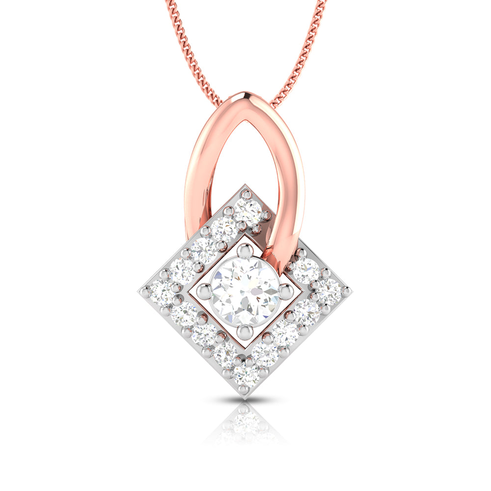 The Addilynn Diamond Pendant Set by Niraa features an exquisite gold necklace with a pendant showcasing a central diamond, encircled by smaller diamonds in a square pattern and framed by an elegant gold loop. This pendant gracefully hangs from a delicate gold chain.