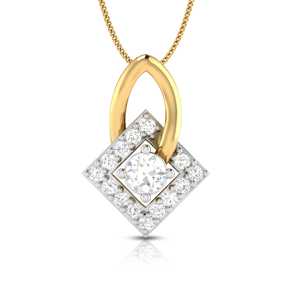 The Addilynn Diamond Pendant Set by Niraa features an exquisite gold necklace with a pendant showcasing a central diamond, encircled by smaller diamonds in a square pattern and framed by an elegant gold loop. This pendant gracefully hangs from a delicate gold chain.