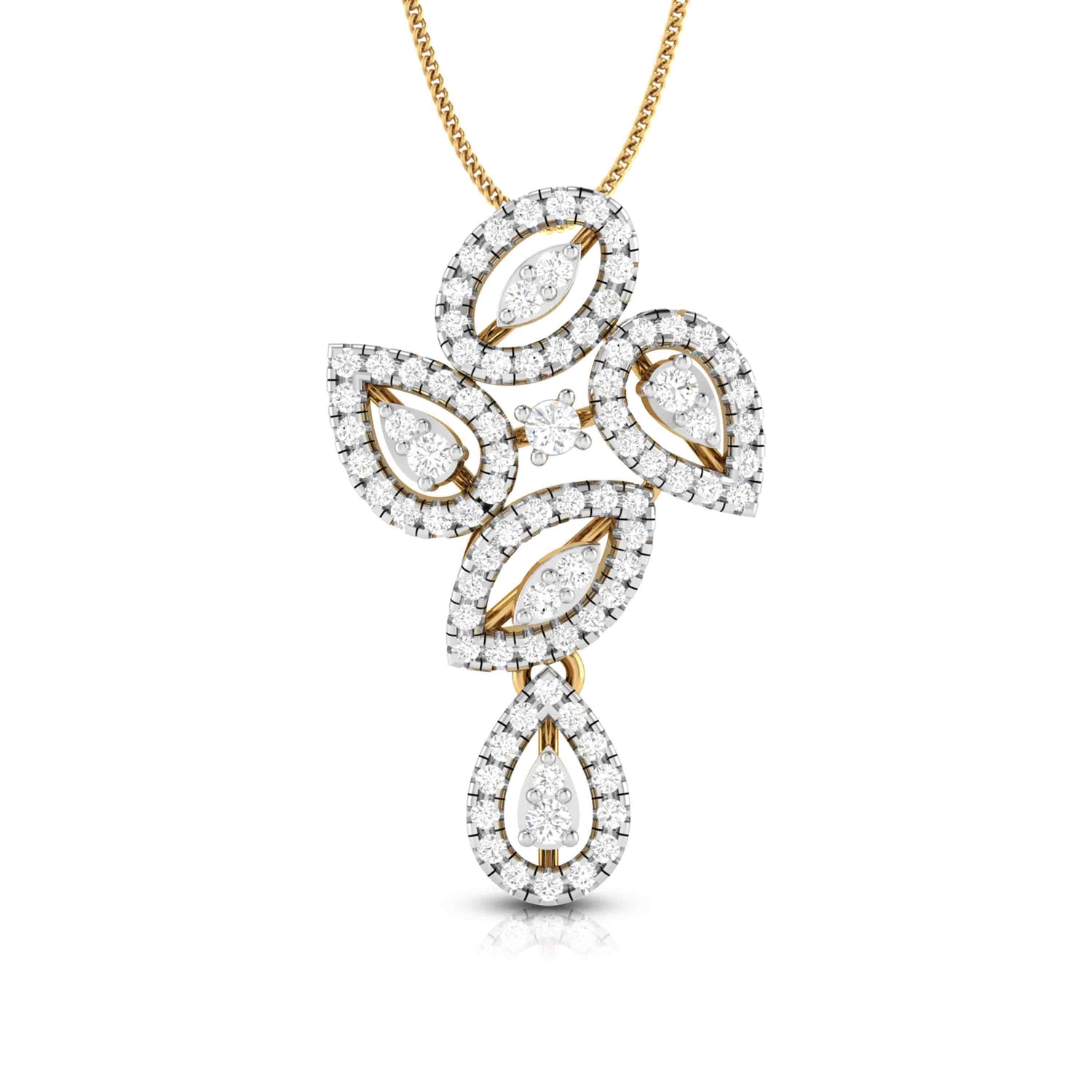 The Cora Diamond Pendant Set by Niraa features a gold necklace with an ornate pendant showcasing marquise and pear-shaped diamonds in a textured floral design, elegantly hanging from a delicate gold chain for timeless elegance.
