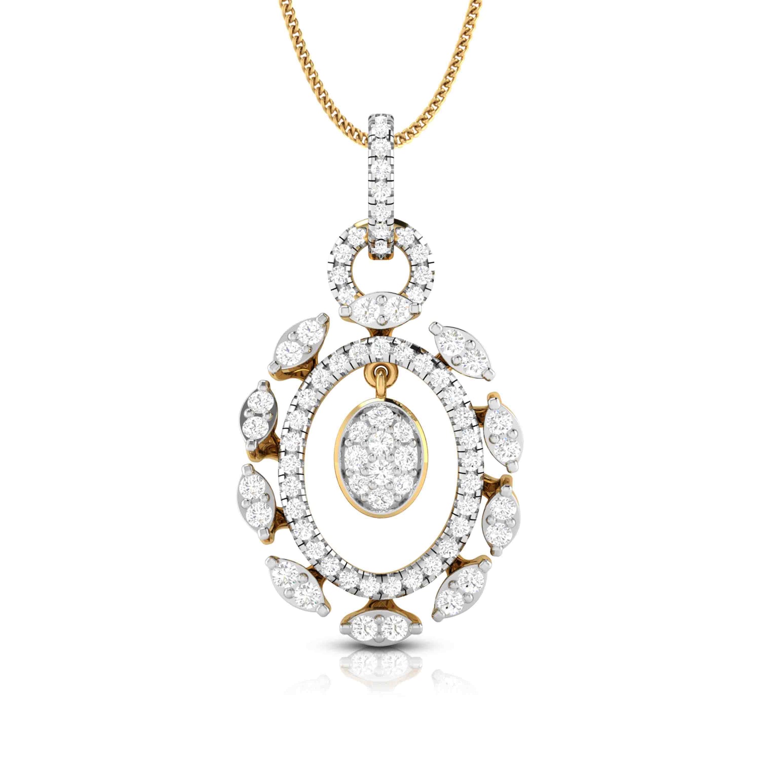 The Madelyn Diamond Pendant Set by Niraa features a gold necklace with an intricate pendant of two concentric ovals, adorned with small diamonds. The inner oval gracefully floats within a larger diamond-studded frame, all suspended on a delicate gold chain.