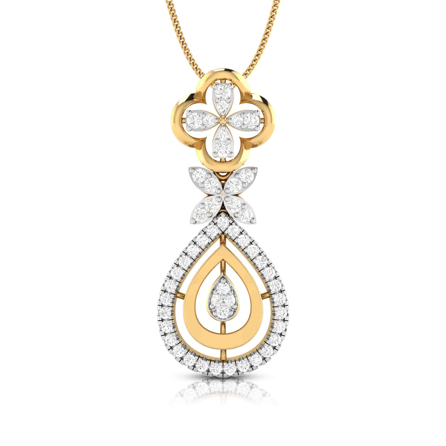 The Autumn Diamond Pendant Set by Niraa features a gold and diamond necklace with a clover-shaped diamond cluster at the top, a floral cluster in the center, and a teardrop design below, all hanging from a delicate gold chain for an enchanting look.