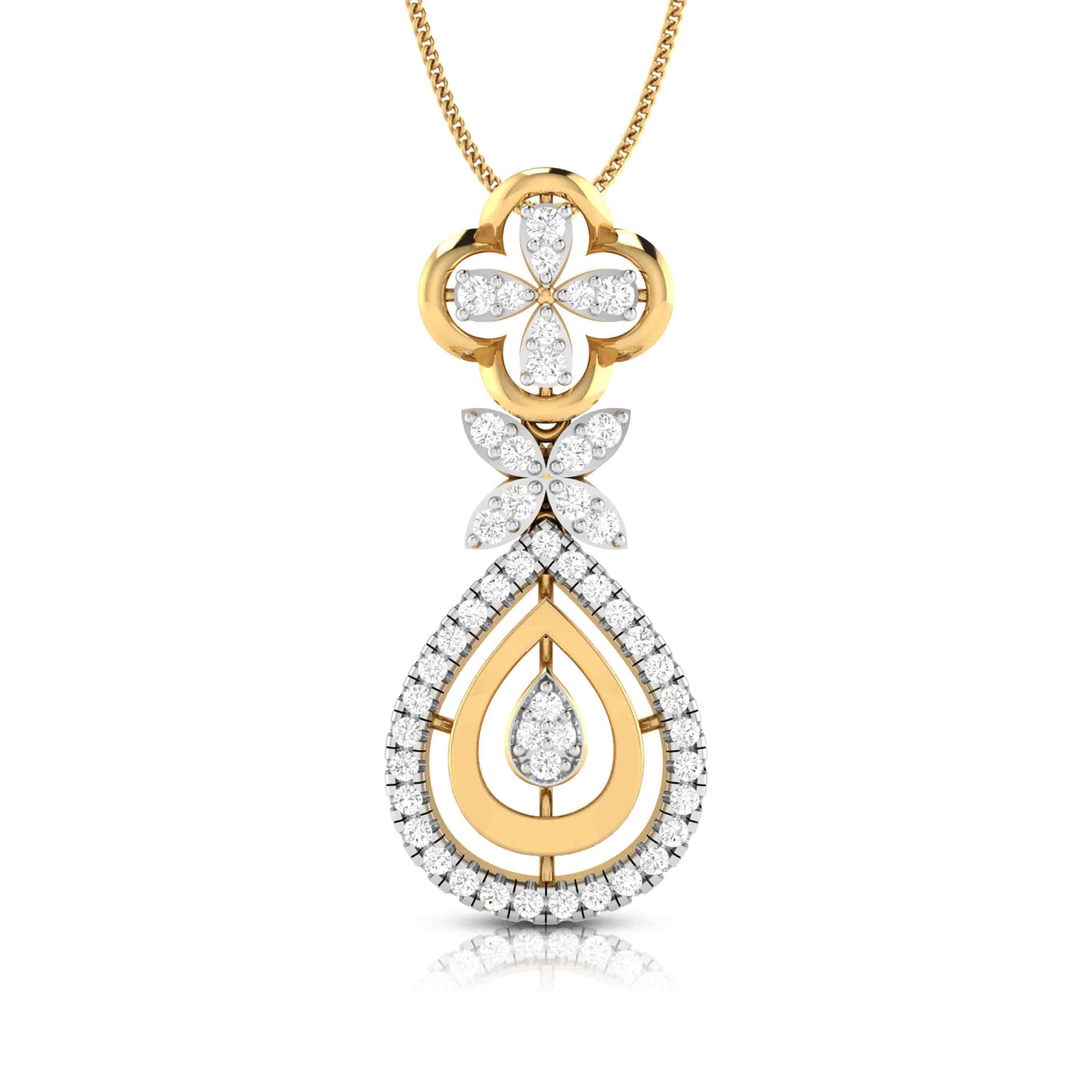 The Autumn Diamond Pendant Set by Niraa features a gold and diamond necklace with a clover-shaped diamond cluster at the top, a floral cluster in the center, and a teardrop design below, all hanging from a delicate gold chain for an enchanting look.