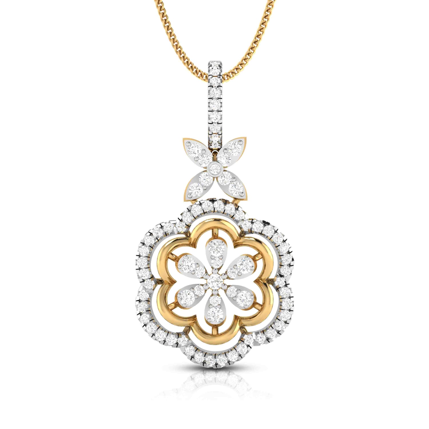 The Alice Diamond Pendant Set by Niraa features a gold and diamond flower design with a gold outline and sparkling diamonds, topped by a diamond-studded butterfly motif—perfect for adding timeless elegance to your style.