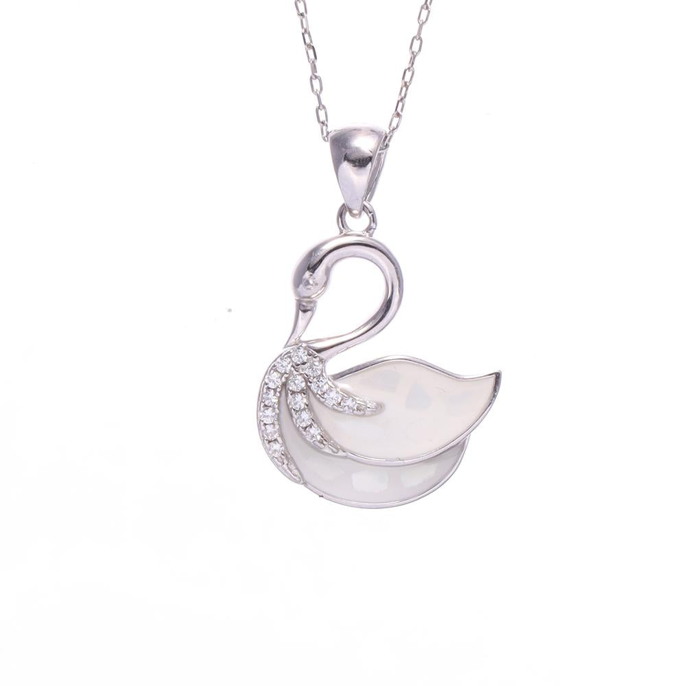 Serene Swan MOP Enamel Pendant Set in 925 silver