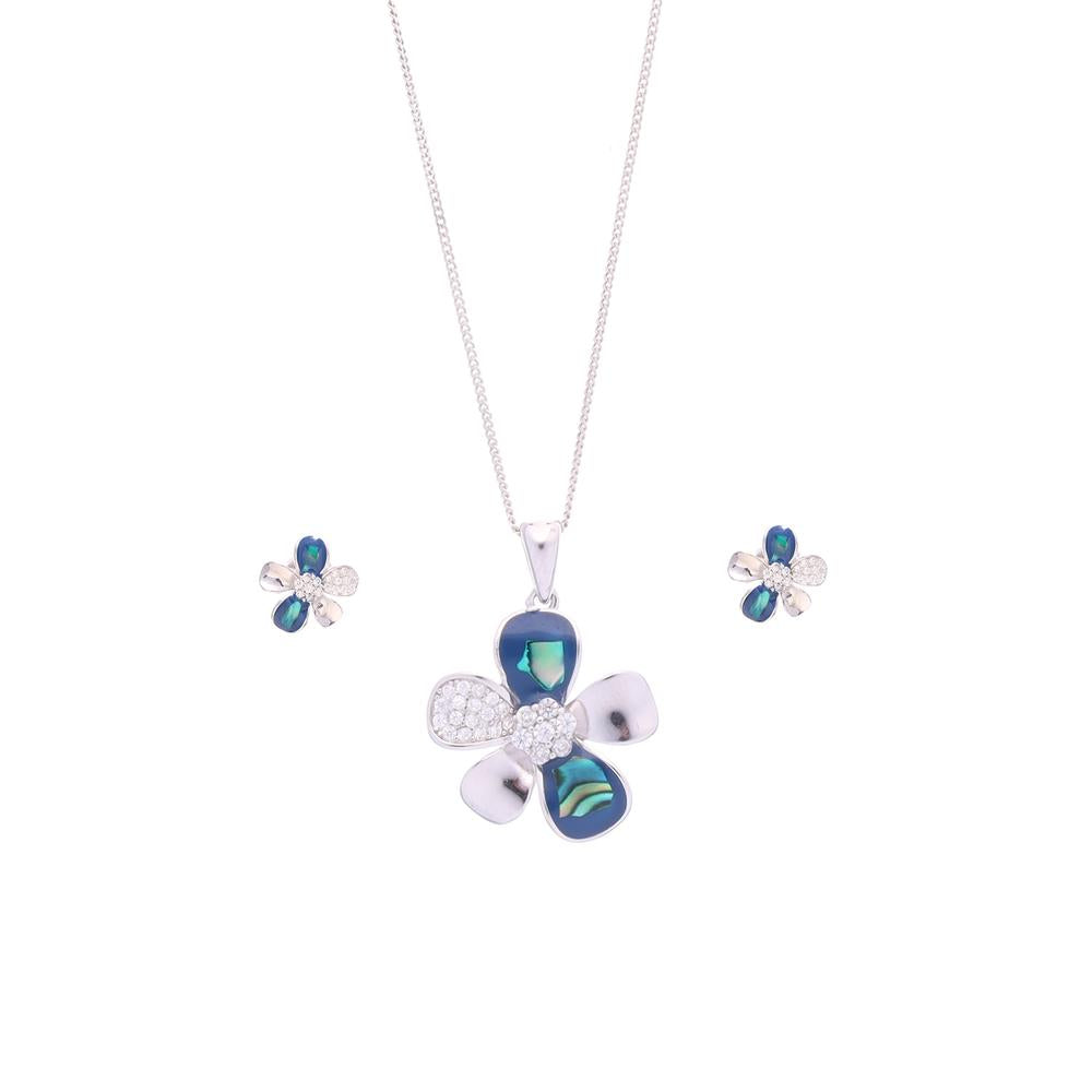 Bejewelled Blue Flower Enamel Pendant Set in 925 silver