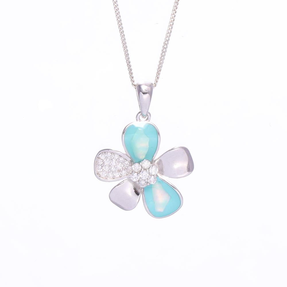 Bejewelled Sea Green Flower Enamel Pendant Set in 925 silver