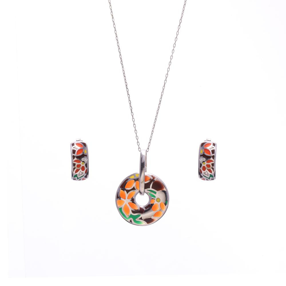 Reversible Garden Floral Glory Enamel Pendant Set in 925 silver
