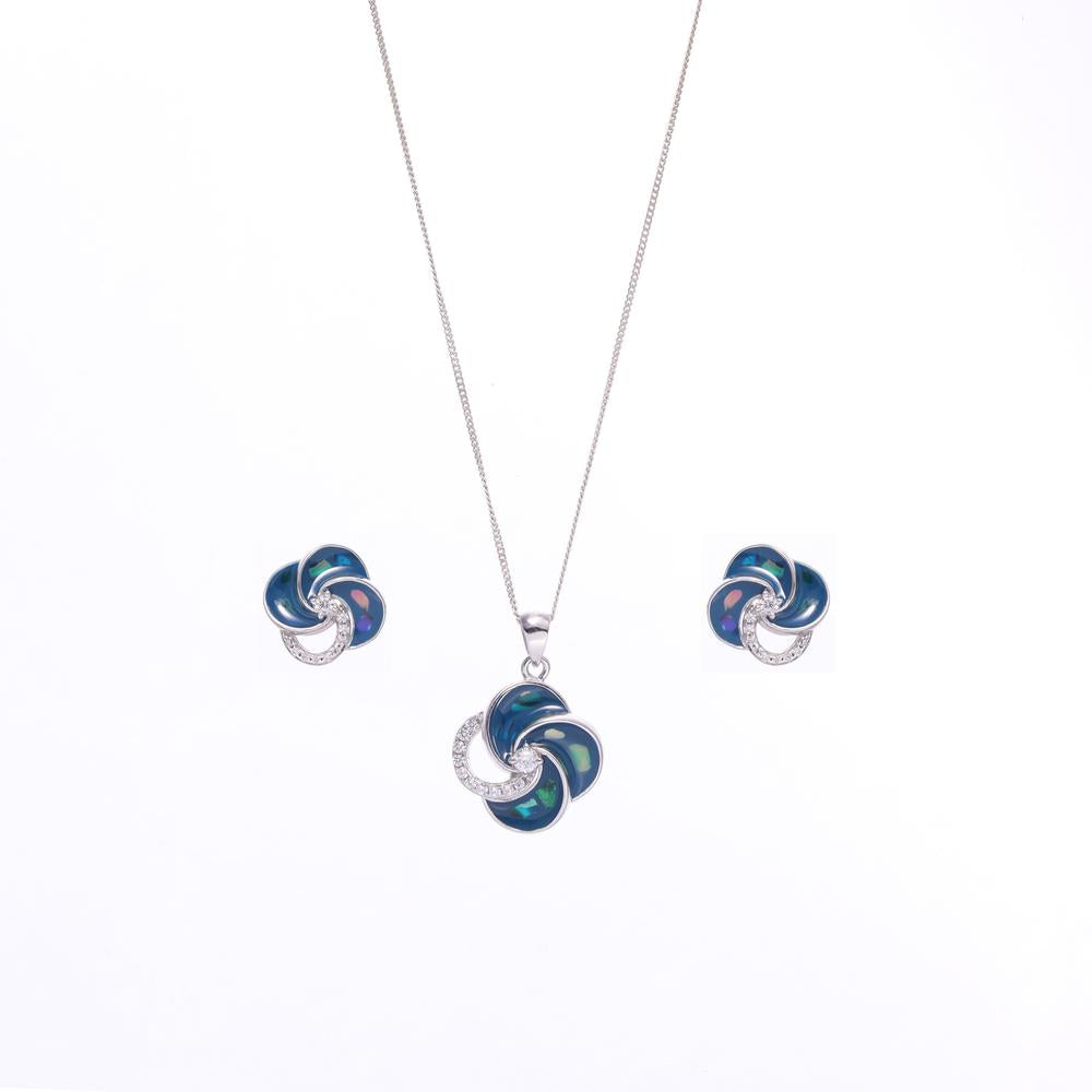 Bejewelled Blue 4 leaf Flower Enamel Pendant Set in 925 silver