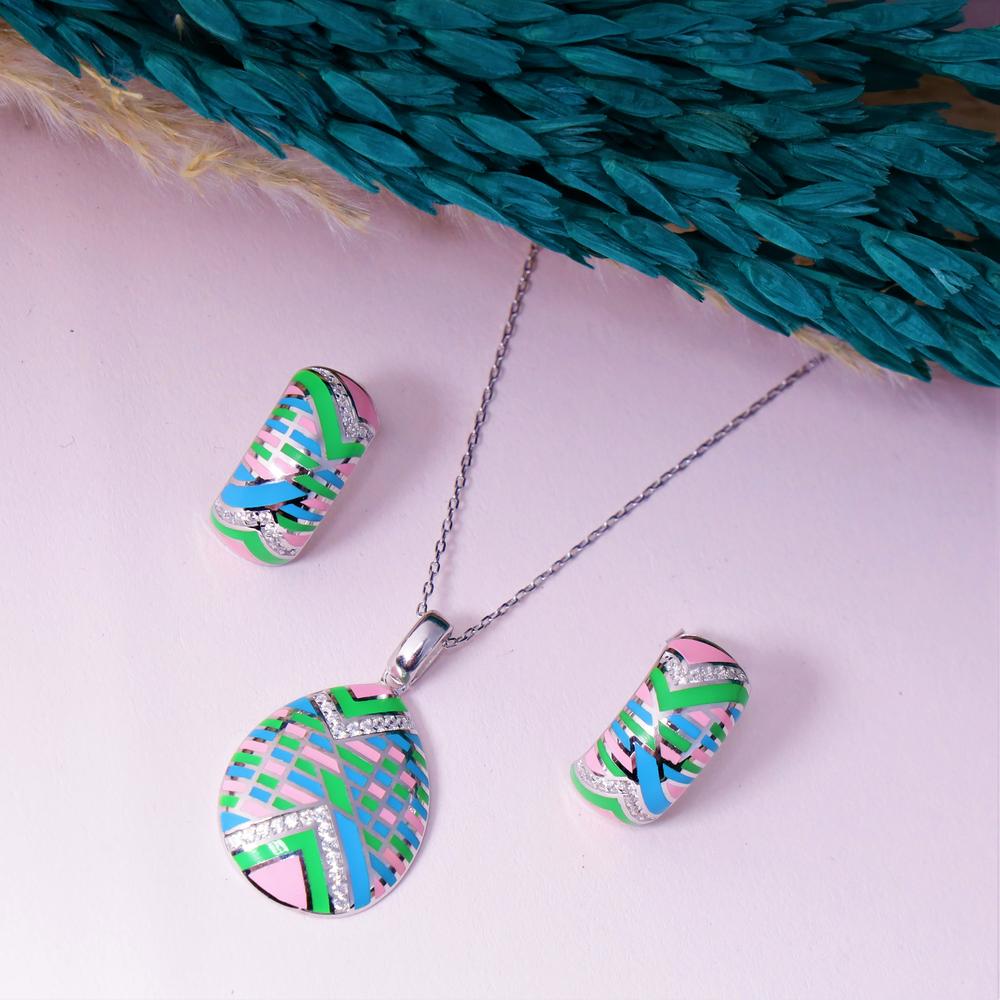 Pinky Blue with Green Hue Enamel Pendant Set in 925 silver
