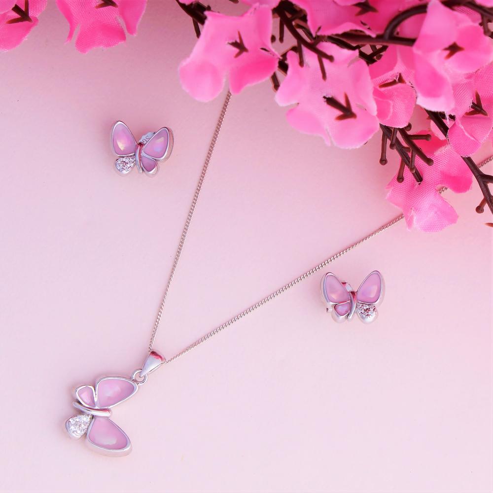 Candy pink Sweet 16 Butterfly Enamel Pendant Set in 925 silver