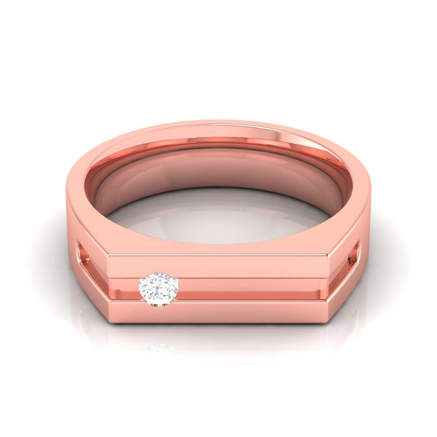 Presenting the Niraa Margo Diamond Mens Ring: a rose gold masterpiece with angular lines and a round diamond seamlessly set in the band. This luxury piece beautifully reflects light, adding elegance to everyday attire.