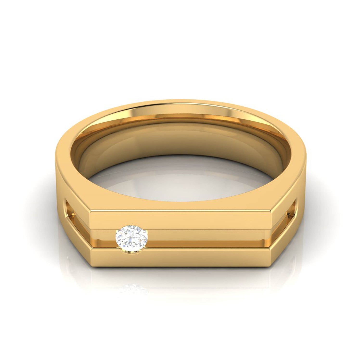 Presenting the Niraa Margo Diamond Mens Ring: a rose gold masterpiece with angular lines and a round diamond seamlessly set in the band. This luxury piece beautifully reflects light, adding elegance to everyday attire.