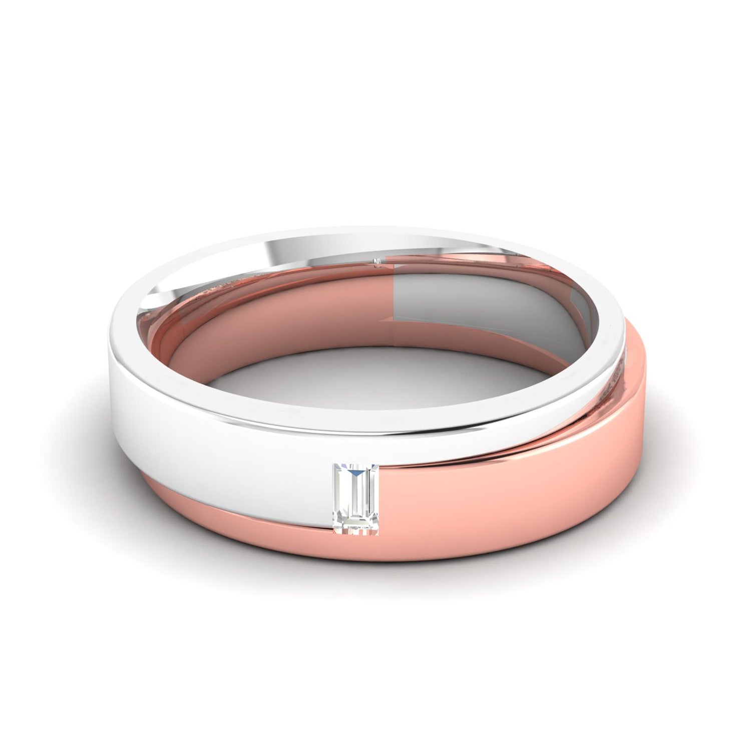 A pair of intertwined rings, one silver with a rectangular gemstone and the other rose gold, embody luxury. Resting on a smooth white surface, they highlight a sleek design akin to the Niraa Ellison Diamond Mens Ring.