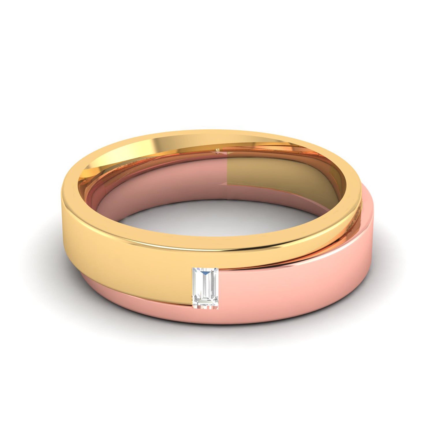 A pair of intertwined rings, one silver with a rectangular gemstone and the other rose gold, embody luxury. Resting on a smooth white surface, they highlight a sleek design akin to the Niraa Ellison Diamond Mens Ring.