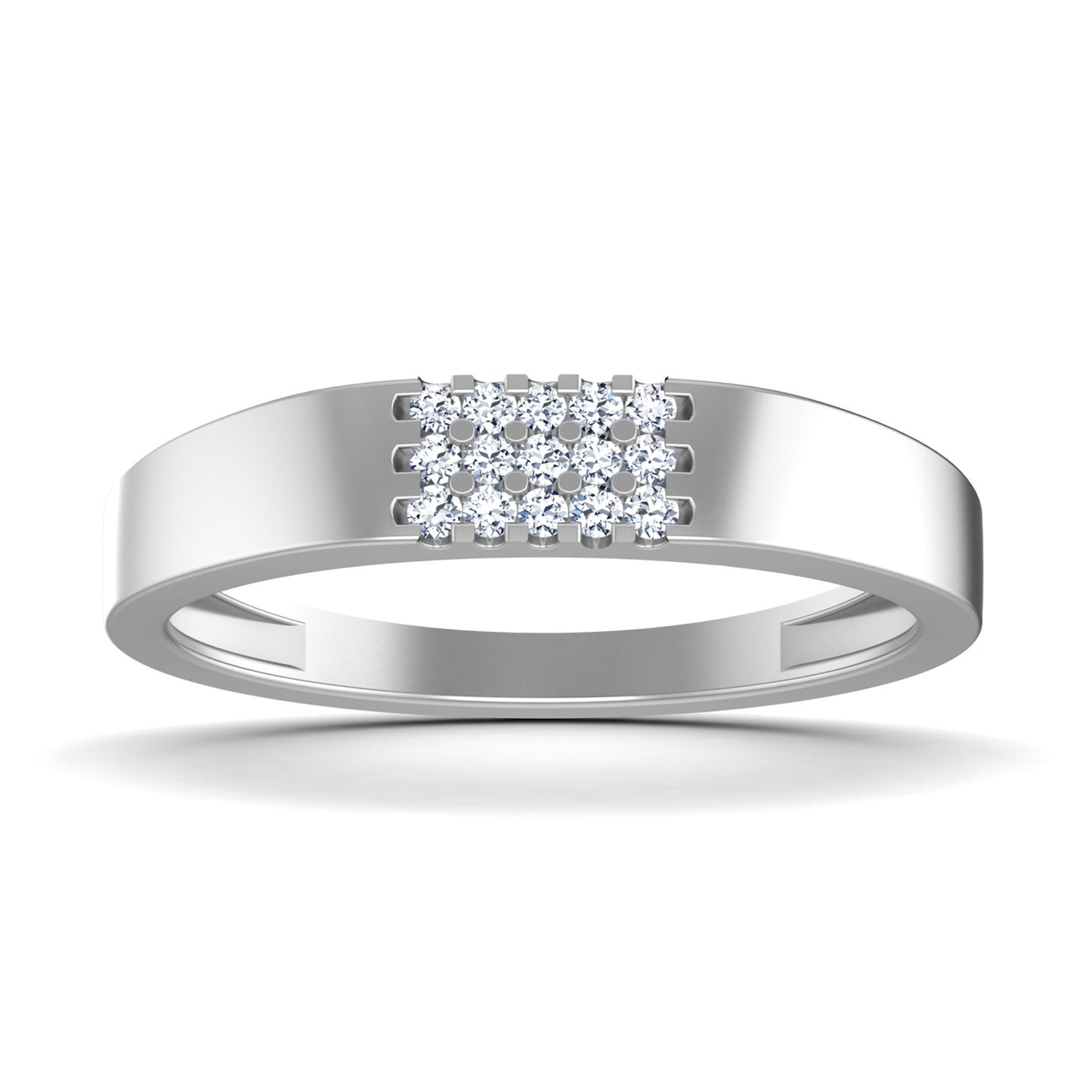 The Aiyana Diamond Mens Ring by Niraa features a sleek silver band and a rectangular cluster of sparkling white diamonds on top, offering timeless glamour with its modern and elegant design.
