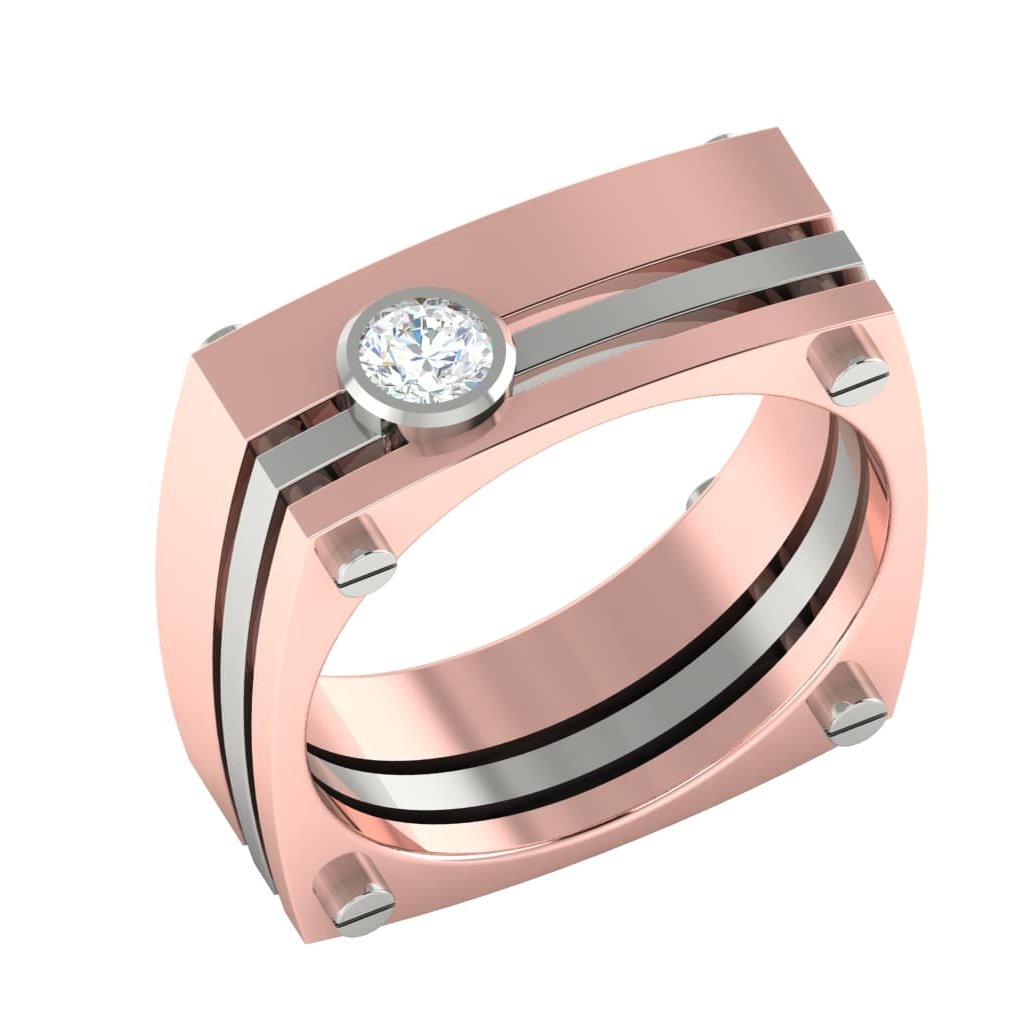 The Esperanza Diamond Mens Ring by Niraa features a modern square shape in rose gold and silver tones, showcasing a prominent round diamond. Its sleek geometric lines and rivet-like accents offer captivating minimalist elegance.