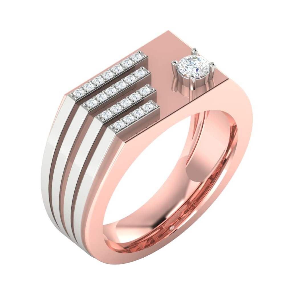 The Ann Diamond Mens Ring by Niraa features a geometric two-tone design with parallel diamond lines and a standout round diamond on a rose gold band, combining contrasting metals for a modern, exquisite style ideal for those who cherish unique elegance.