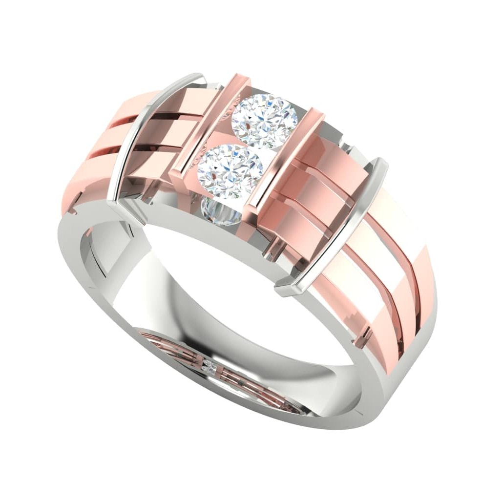 Elevate your style with the Taliyah Diamond Mens Ring by Niraa. This two-tone ring features a sleek silver and rose gold band with prominent grooves and two round diamonds set side-by-side, exuding modern sophistication.