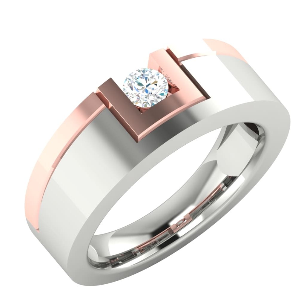 The Vada Diamond Mens Ring by Niraa features a round diamond set in a square frame. The wide band combines silver and rose gold, blending contemporary elements. Consider enhancing the description for better SEO clarity.