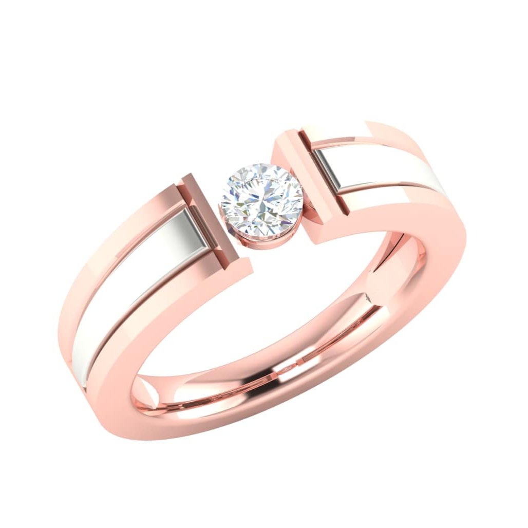 The Giavanna Diamond Mens Ring by Niraa features a rose gold split shank design with a central sparkling diamond. Silver-tone accents enhance the gem, offering an elegant contrast on a classic white background for a modern allure.