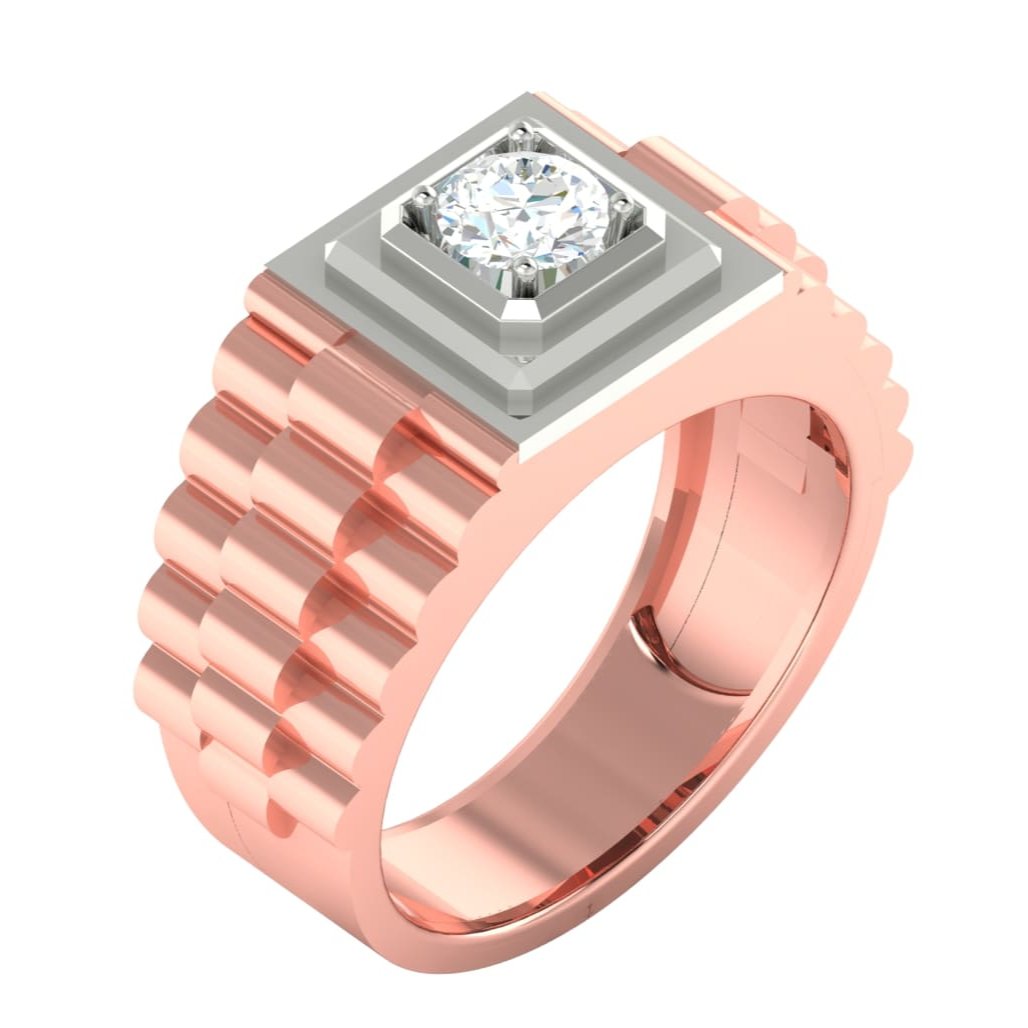 The Ingrid Diamond Mens Ring by Niraa features a unique, ridged rose gold band with a square silver setting holding a single round diamond. This modern piece exudes elegance and style, making it an ideal accessory for contemporary jewelry enthusiasts.
