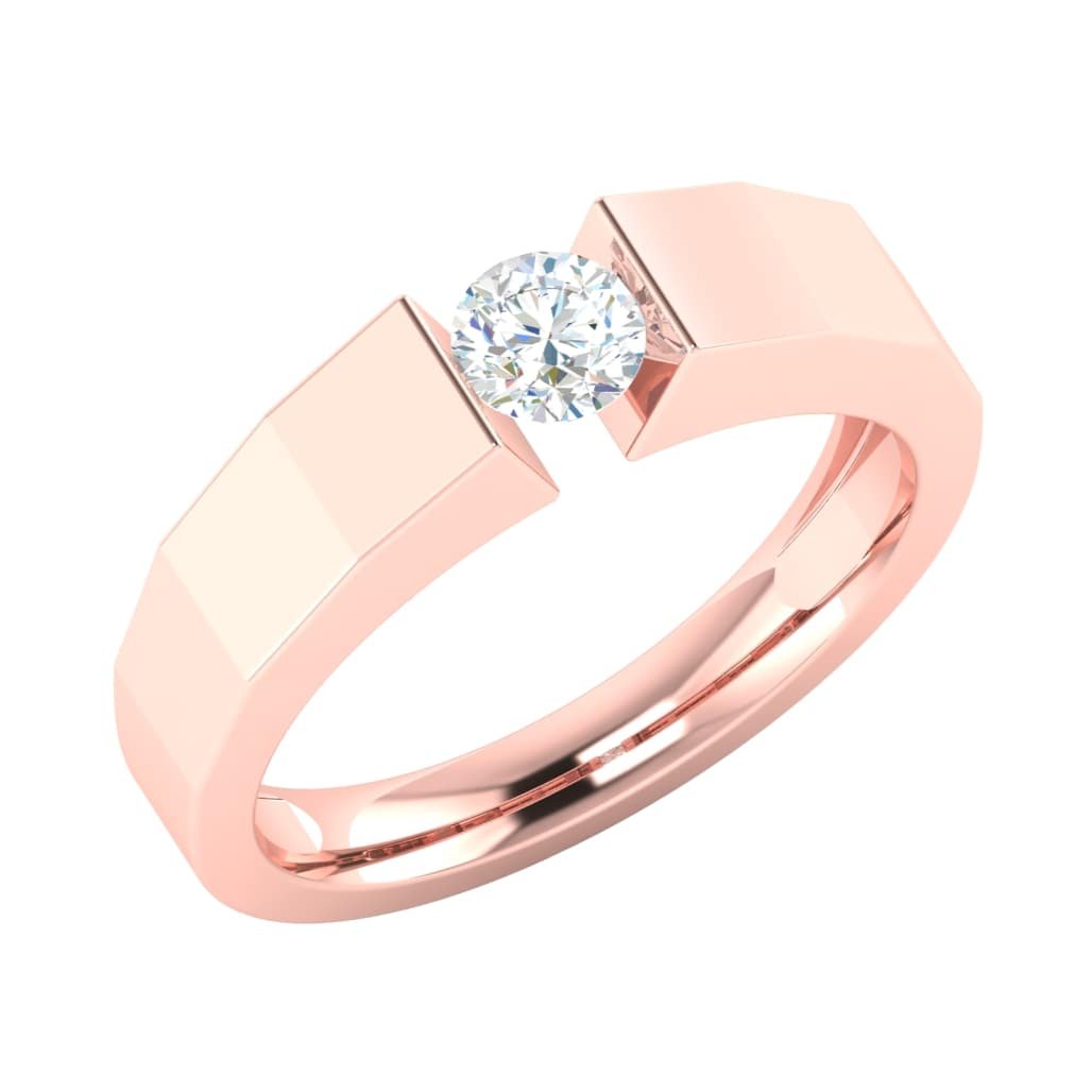 The Valery Diamond Mens Ring by Niraa features a modern rose gold design, highlighting a single round diamond gracefully set between two sleek rectangular prongs.