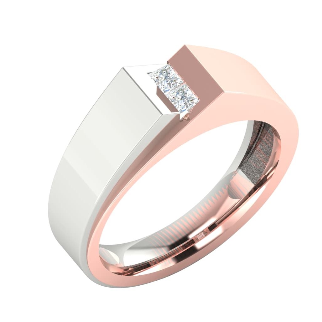 The Azaria Diamond Mens Ring by Niraa features a geometric design in rose and white gold tones, elegantly adorned with two square-cut diamonds and a polished rose gold interior for a luxurious touch.