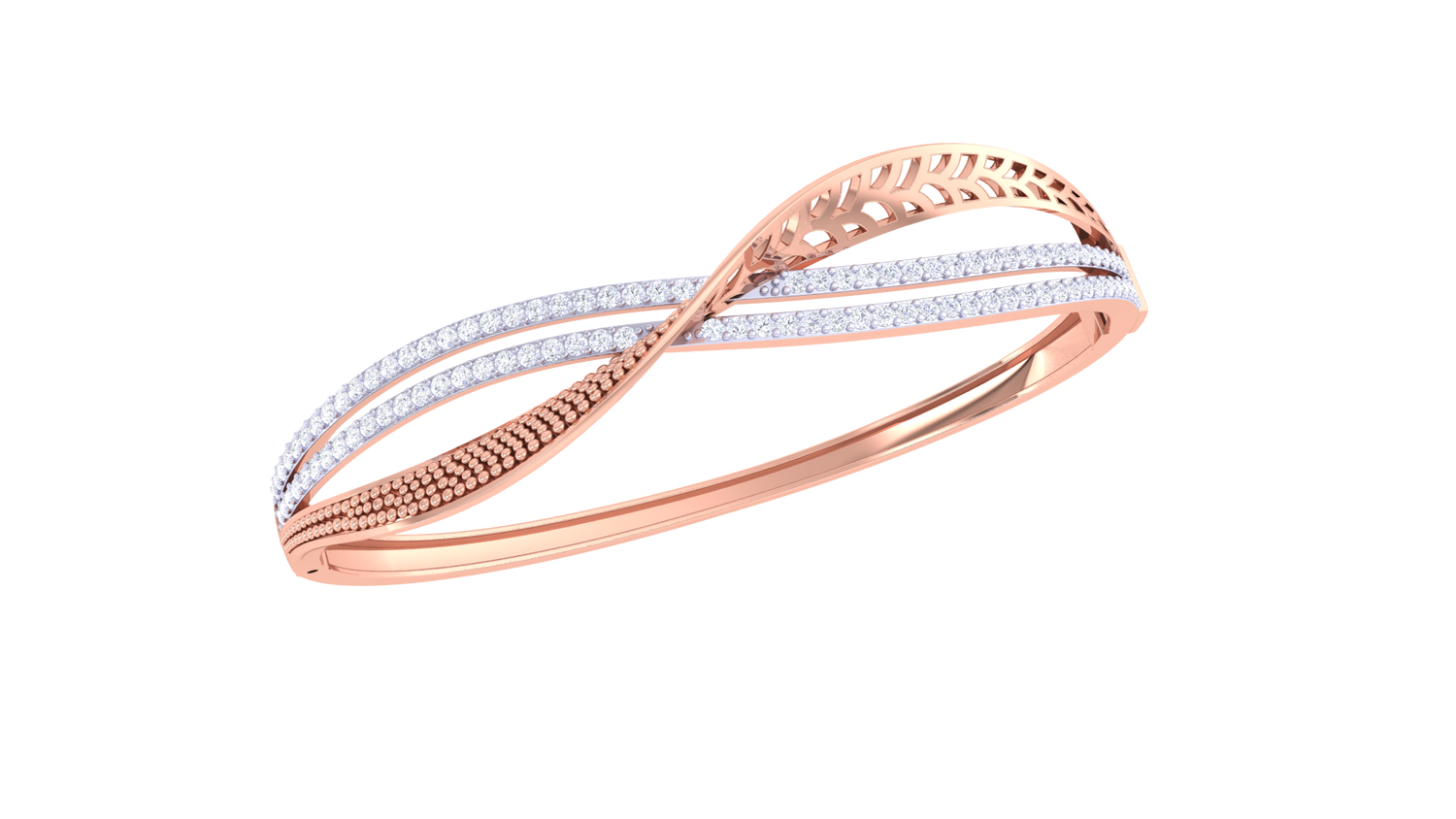 The Wendy Diamond Bracelet by Niraa features a rose gold bangle with an intricate, intertwined design of alternating smooth and textured bands. Crisscross elements adorned with sparkling white stones offer a stylish and elegant look—yet the description needs better SEO keywords for visibility.