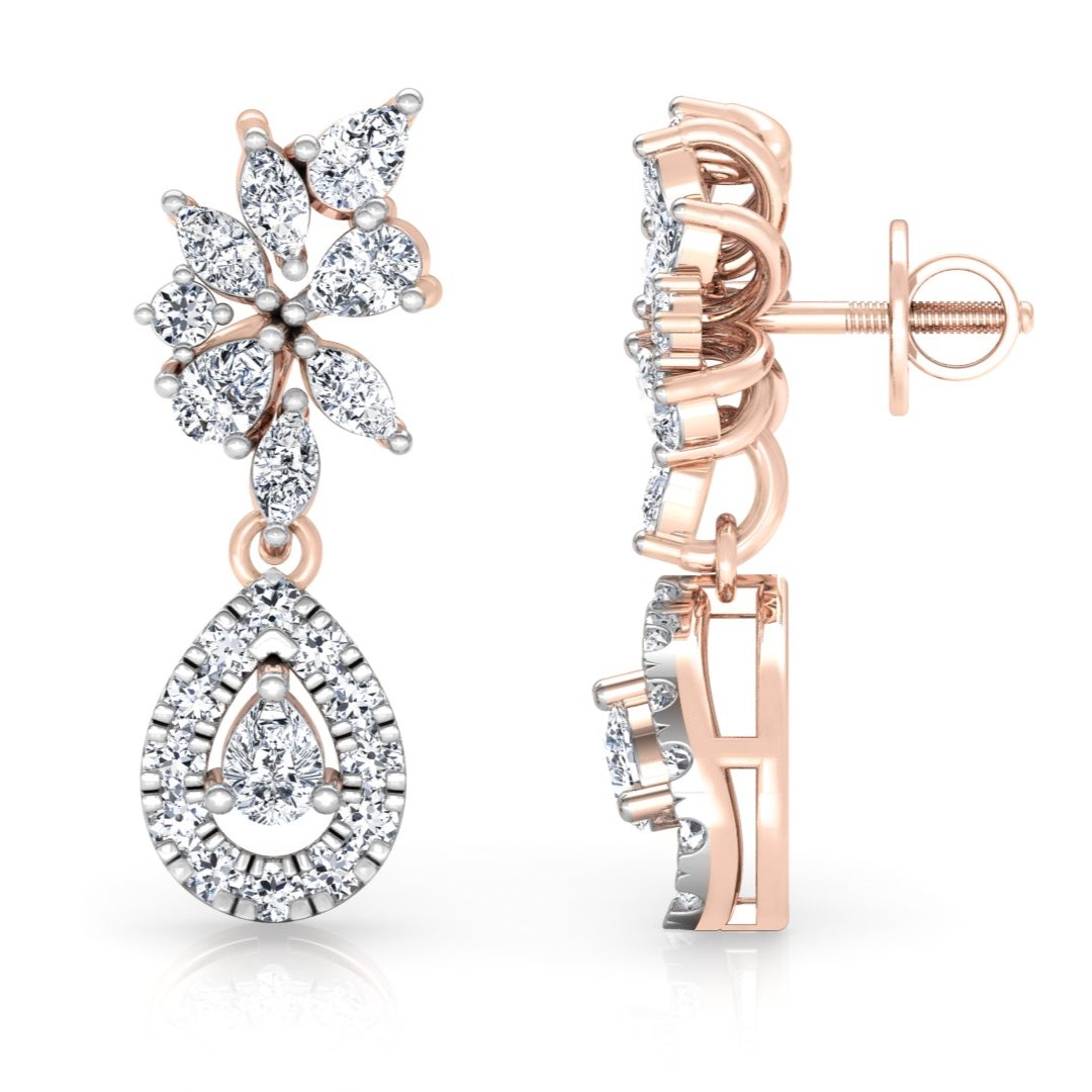 The Aubree Diamond Earring from Niraa showcases elegant rose gold with floral clusters of round and marquise-cut diamonds, featuring a graceful teardrop diamond arrangement and a secure screw-back closure for style and safety.